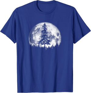Retro Full Moon & Minimalist Pine Tree Vintage Graphic T-Shirt - T-Shirt | Royal