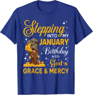 Stepping Into My January Birthday Religious Bday Afro Woman T-Shirt - T-Shirt | Royal