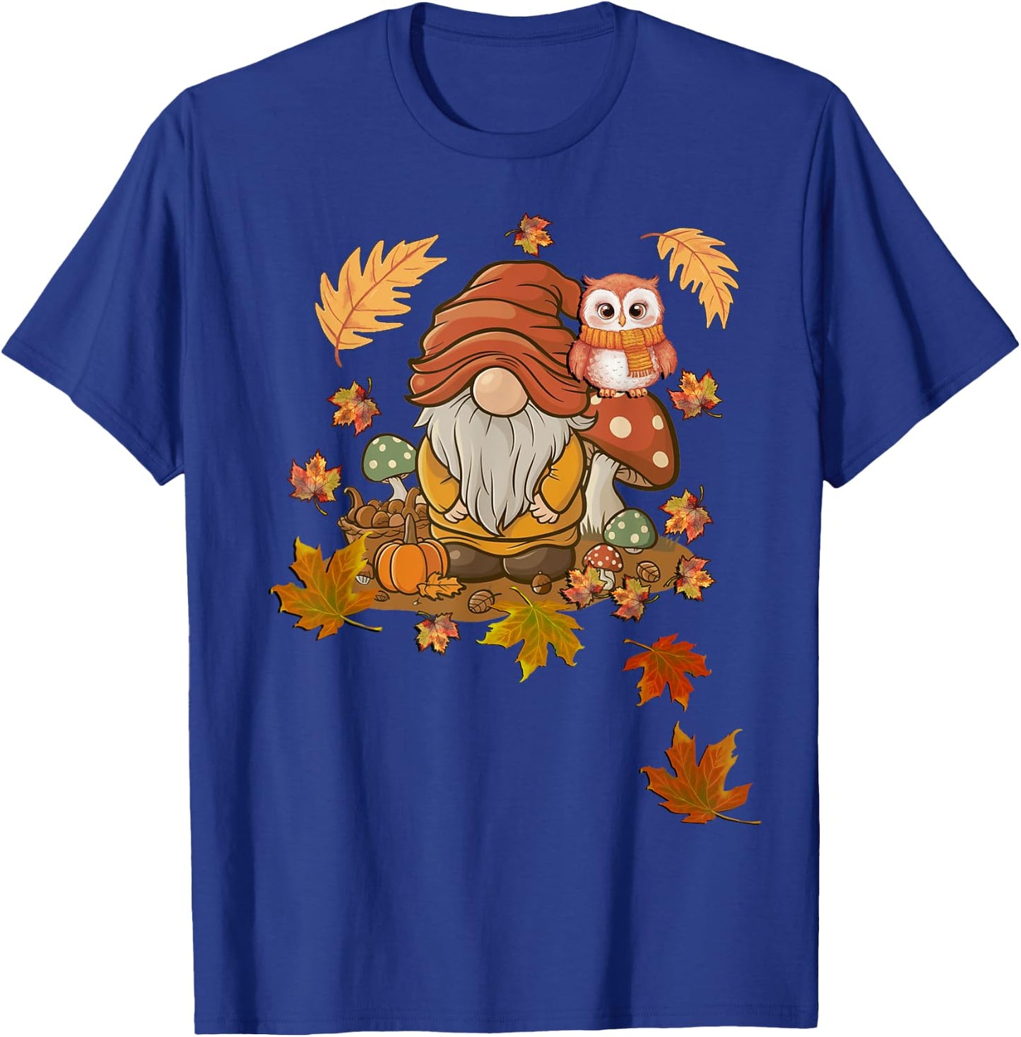 Autumn Season Design Leaves, Owls and Cute Fall Gnome T-Shirt - T-Shirt | Royal