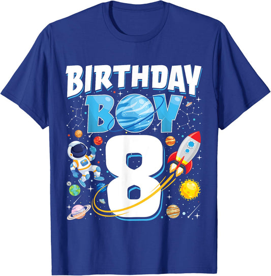 Boys 8th Birthday Astronaut Space Planets Eight Years Old T-Shirt - T-Shirt | Royal