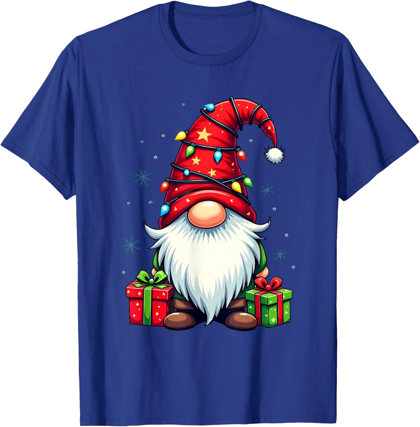 Festive Christmas Gnome with Lights and Snowflakes , black T-Shirt - T-Shirt | Royal
