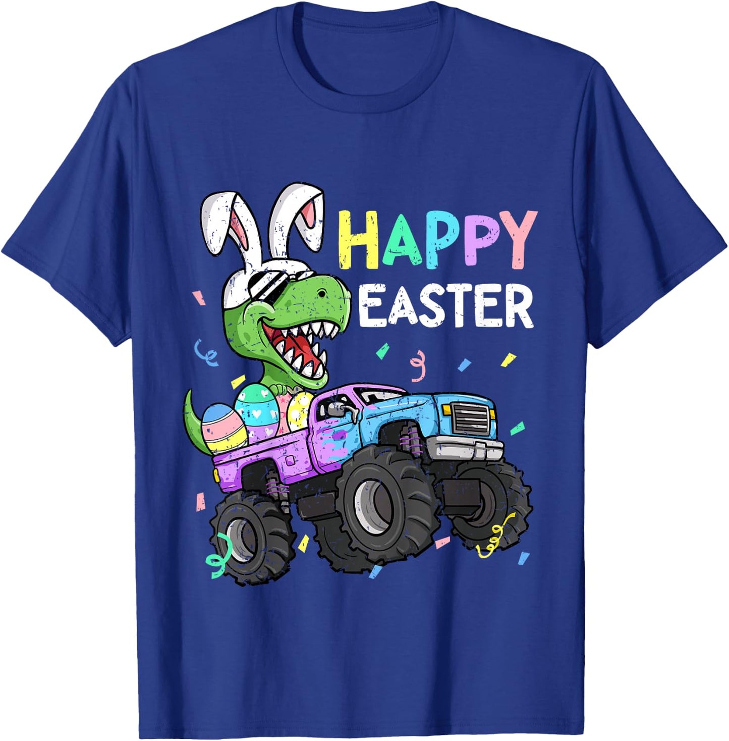 Kids Boys Happy Easter T-Rex Bunny Monster Truck Rabbit Ears T-Shirt - T-Shirt | Royal