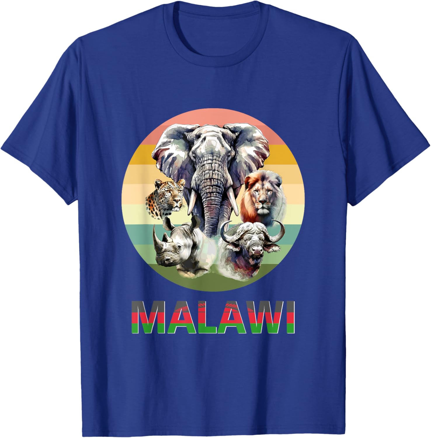 Malawi Big 5 Watercolor on Retro Sunset for Malawi Fans T-Shirt - T-Shirt | Royal