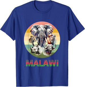 Malawi Big 5 Watercolor on Retro Sunset for Malawi Fans T-Shirt - T-Shirt | Royal