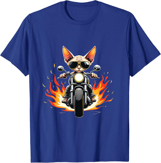 Funny Sphynx Cat Riding a Motorcycle Design Sphynx Cat Lover T-Shirt - T-Shirt | Royal