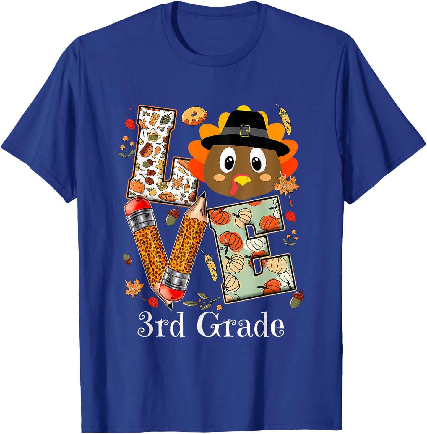 Love 3rd Grade Happy Fall Thanksgiving Women Teacher T-Shirt - T-Shirt | Royal