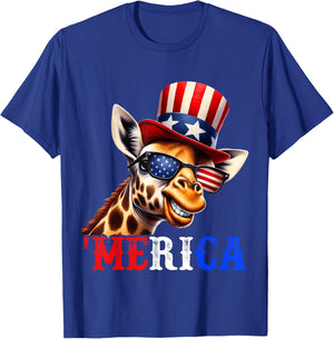 Merica Giraffe Patriotic 4th of July Funny Kids Men Women T-Shirt - T-Shirt | Royal
