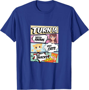 16th Birthday Anime Girl turns 16 pet cats watch anime T-Shirt - T-Shirt | Royal