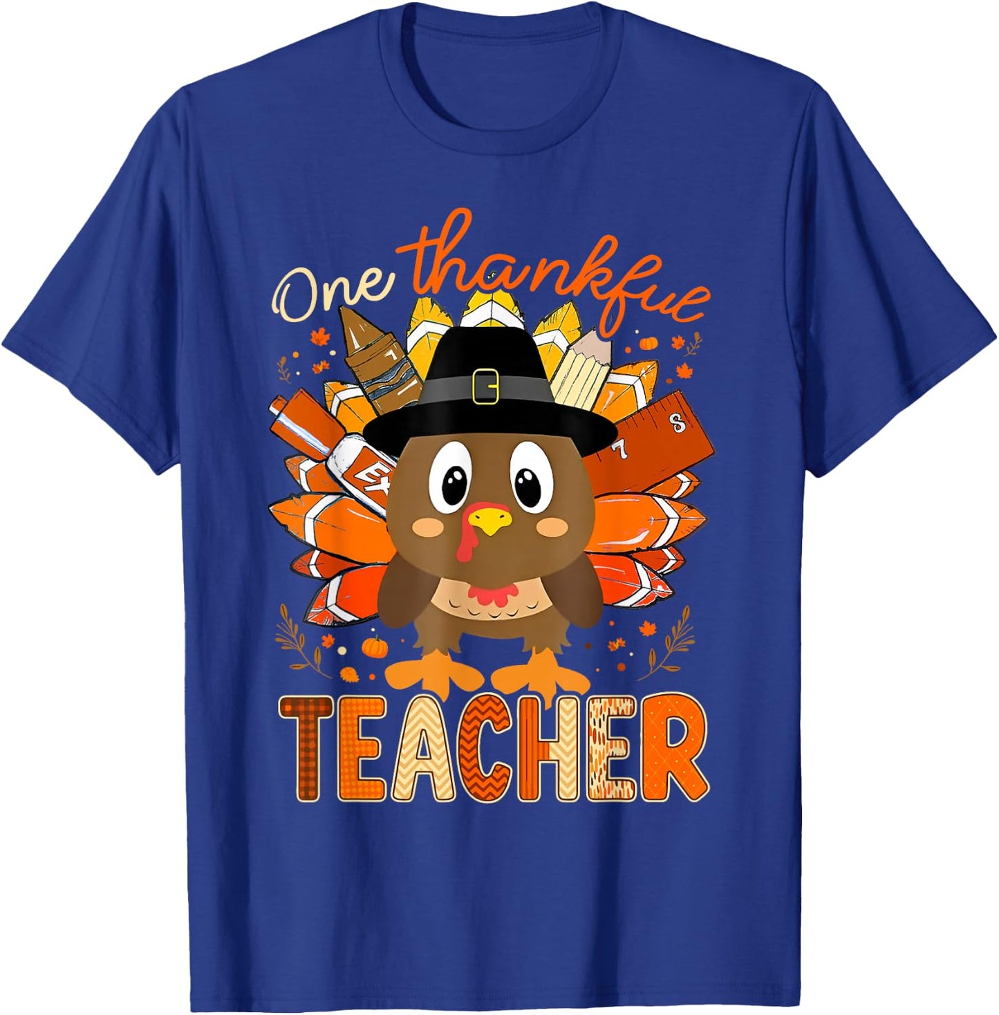One Thankful Teacher Turkey Pencil Thanksgiving Teachers T-Shirt - T-Shirt | Royal