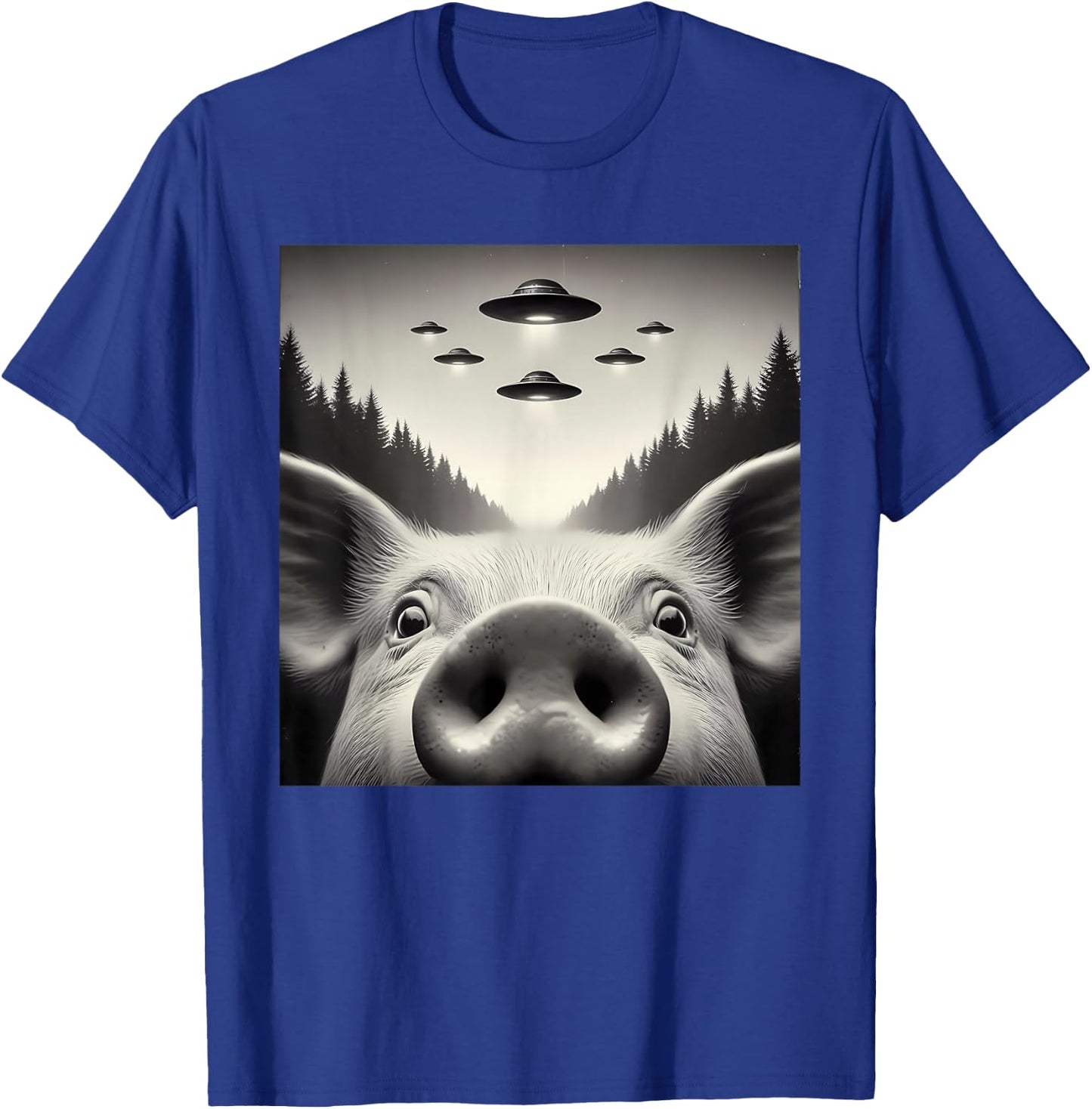 Funny Pig Selfie UFO Alien Humor Vintage Print Art Design T-Shirt - T-Shirt | Royal