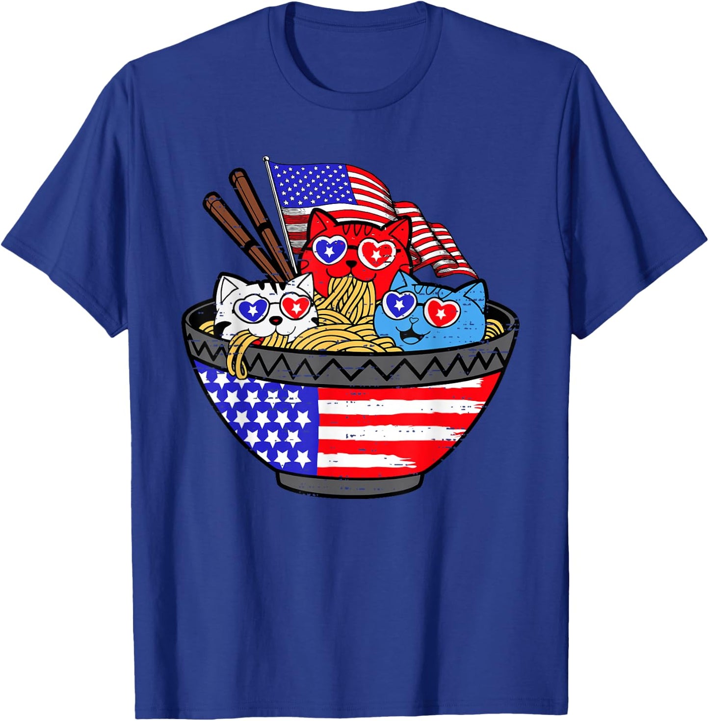 Cats Ramen Anime Kitty American Flag USA 4th of July Fourth T-Shirt - T-Shirt | Royal