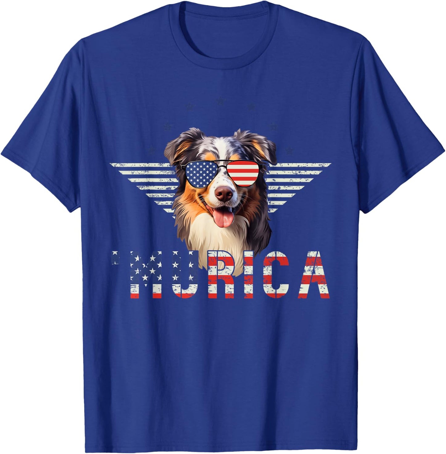 Murica Australian Shepherd Sunglasses American Flag 4th July T-Shirt - T-Shirt | Royal