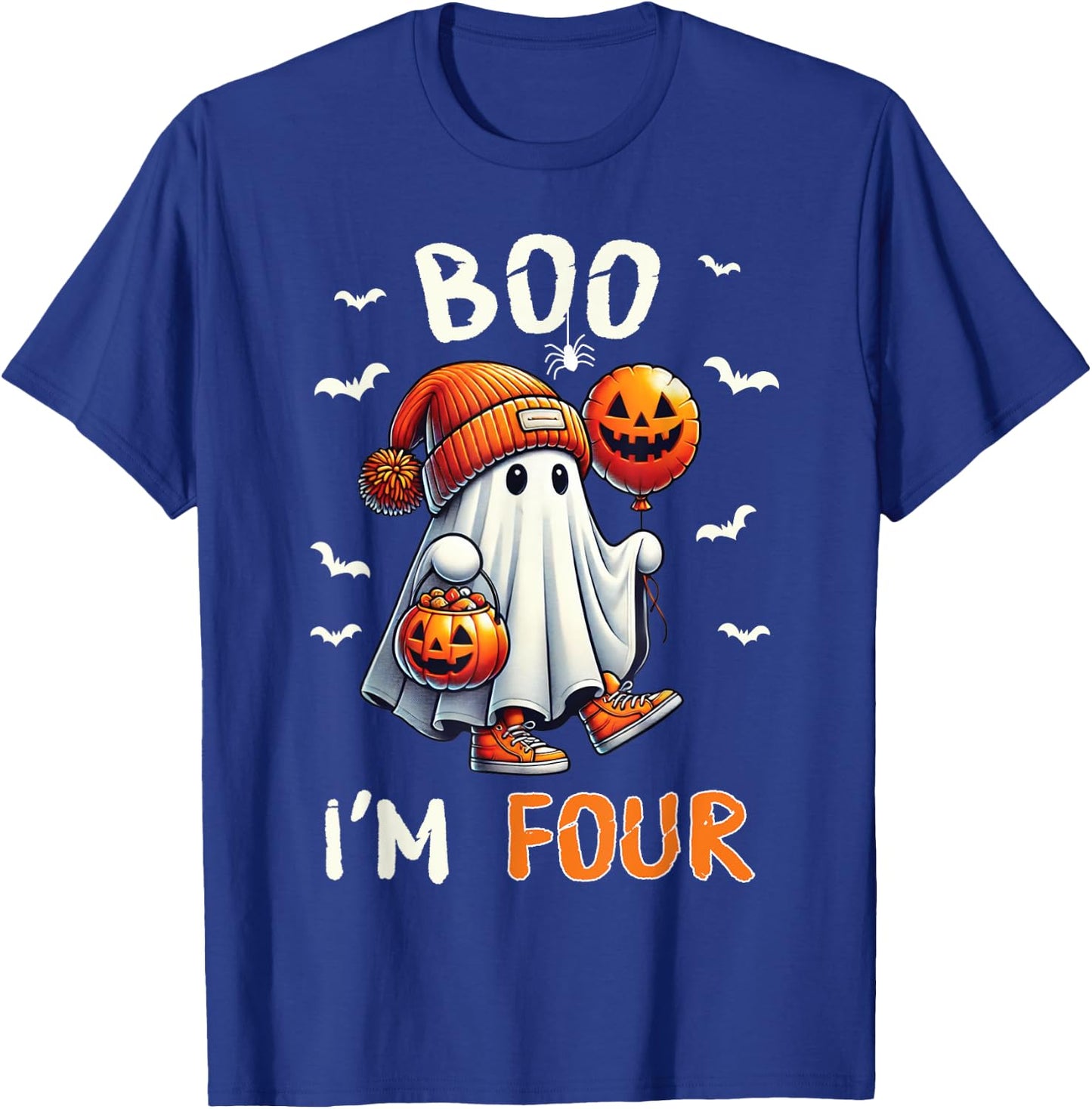 Boo I'm Four Ghost 4th Birthday Halloween Boy Kids Groovy T-Shirt - T-Shirt | Royal