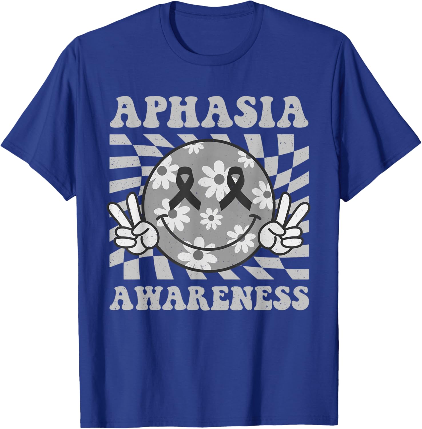 Groovy Aphasia Awareness Smile Face Gray Ribbon Support T-Shirt - T-Shirt | Royal