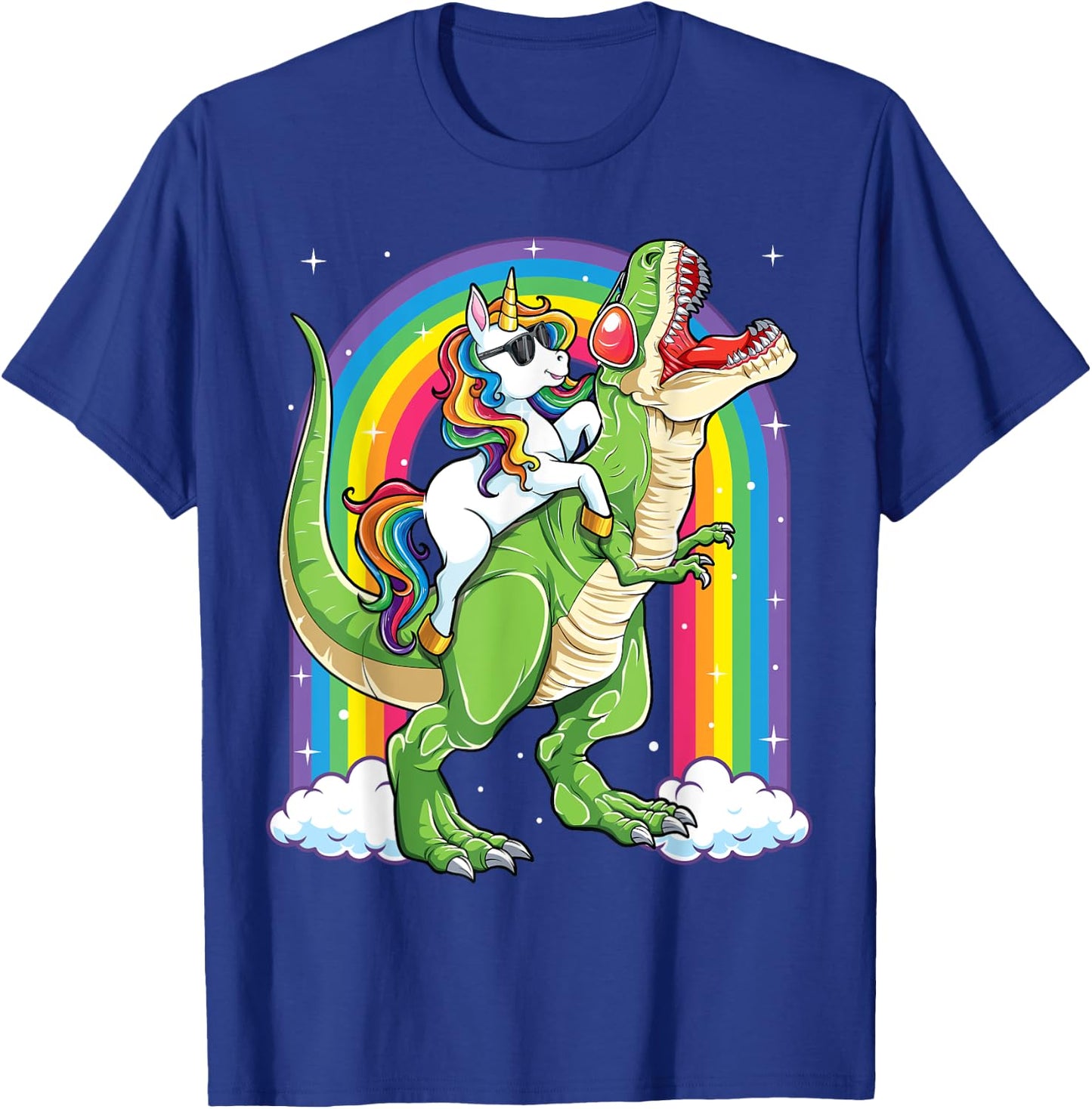 Unicorn Riding Dinosaur T rex Boys Girls Men Women Rainbow T-Shirt - T-Shirt | Royal