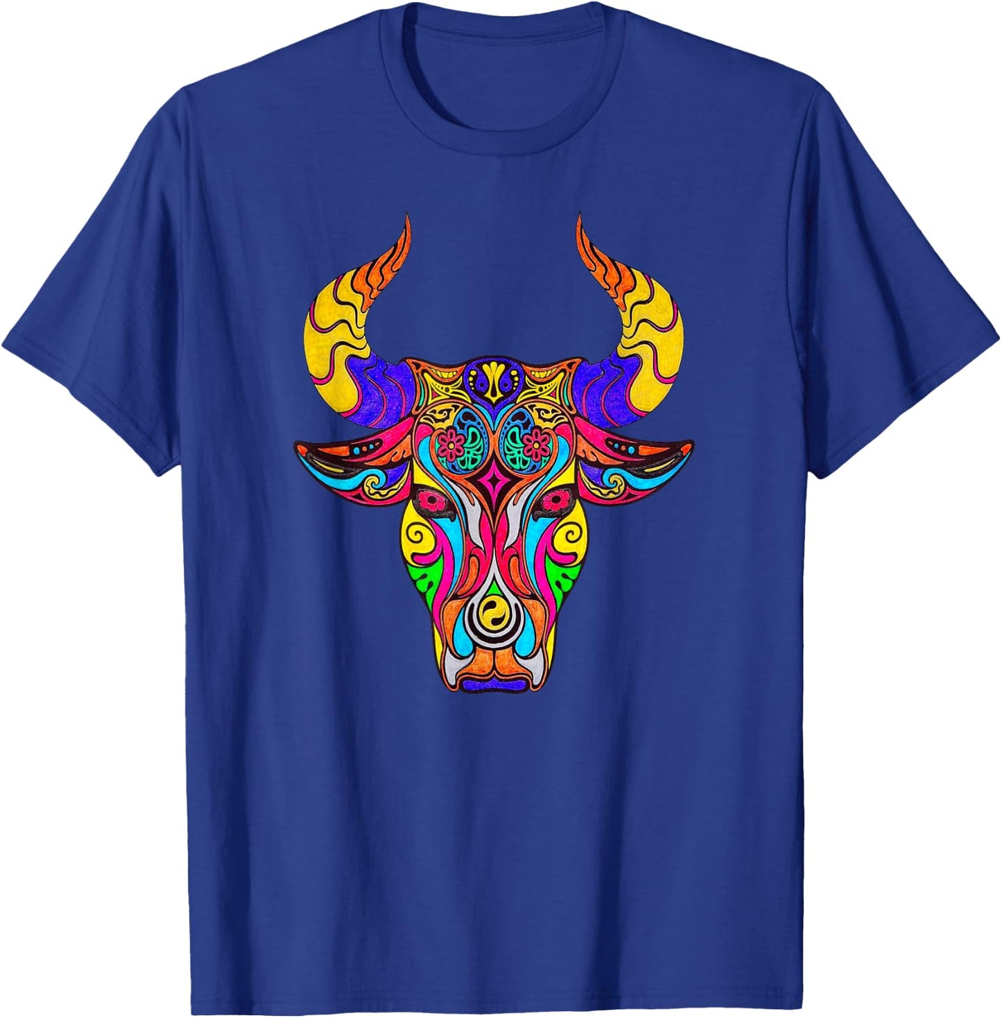 Multi Color Mosaic Bull Design Product T-Shirt - T-Shirt | Royal