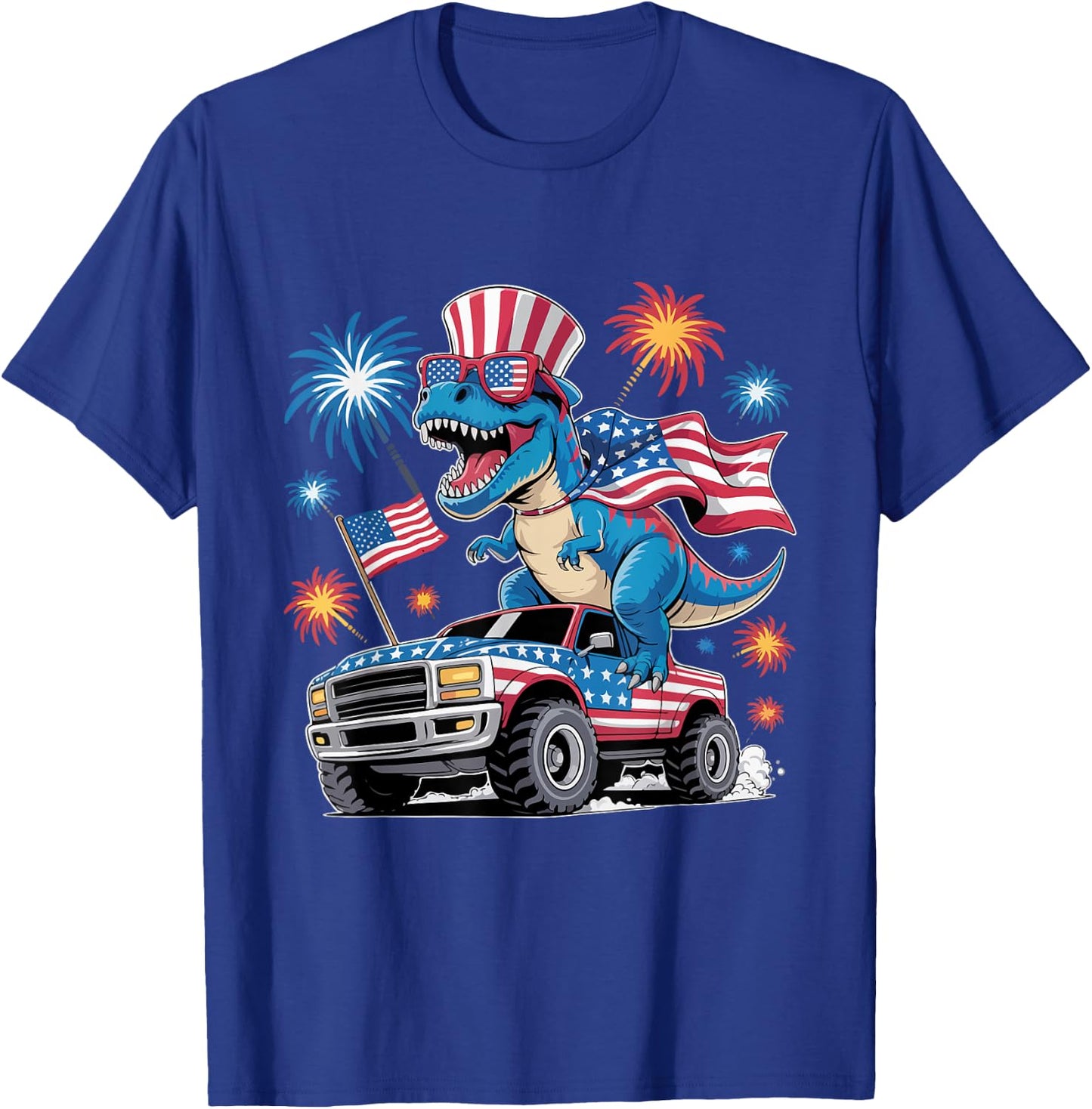 Dinosaur 4th Of July T Rex Dinosaur Truck Dino T-Shirt - T-Shirt | Royal