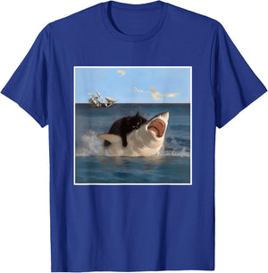 Funny Art & Cat Lover Quote Cat Biting Shark Cool Fat Cat T-Shirt - T-Shirt | Royal
