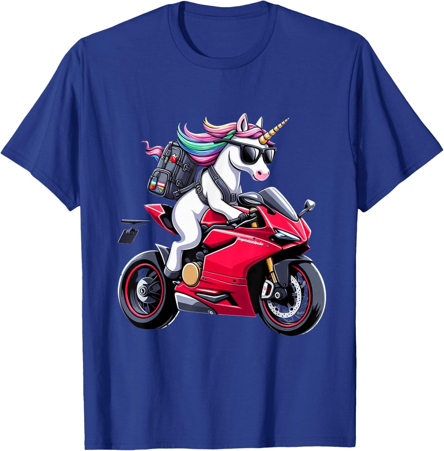 Unicorn Riding a Motorcycle for Boys, Girls, Men, Women, Kids and Adults , Black, S T-Shirt - T-Shirt | Royal