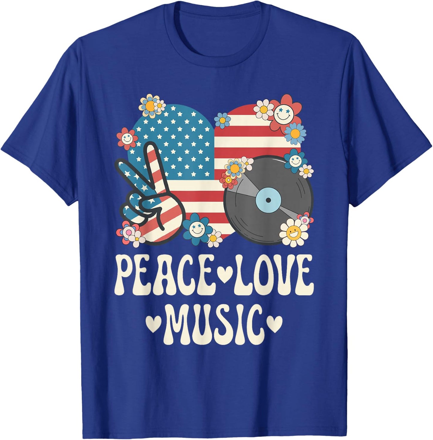 Peace Love Music American Flag Patriotic Men Women Musician T-Shirt - T-Shirt | Royal