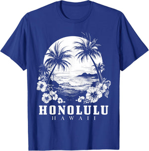 Honolulu Hawaii Hawaiian Hibiscus Flowers Surfer Souvenir T-Shirt - T-Shirt | Royal