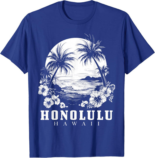 Honolulu Hawaii Hawaiian Hibiscus Flowers Surfer Souvenir T-Shirt - T-Shirt | Royal