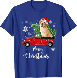 Red Truck Merry Christmas Tree Golden Retriever Christmas T-Shirt - T-Shirt | Royal