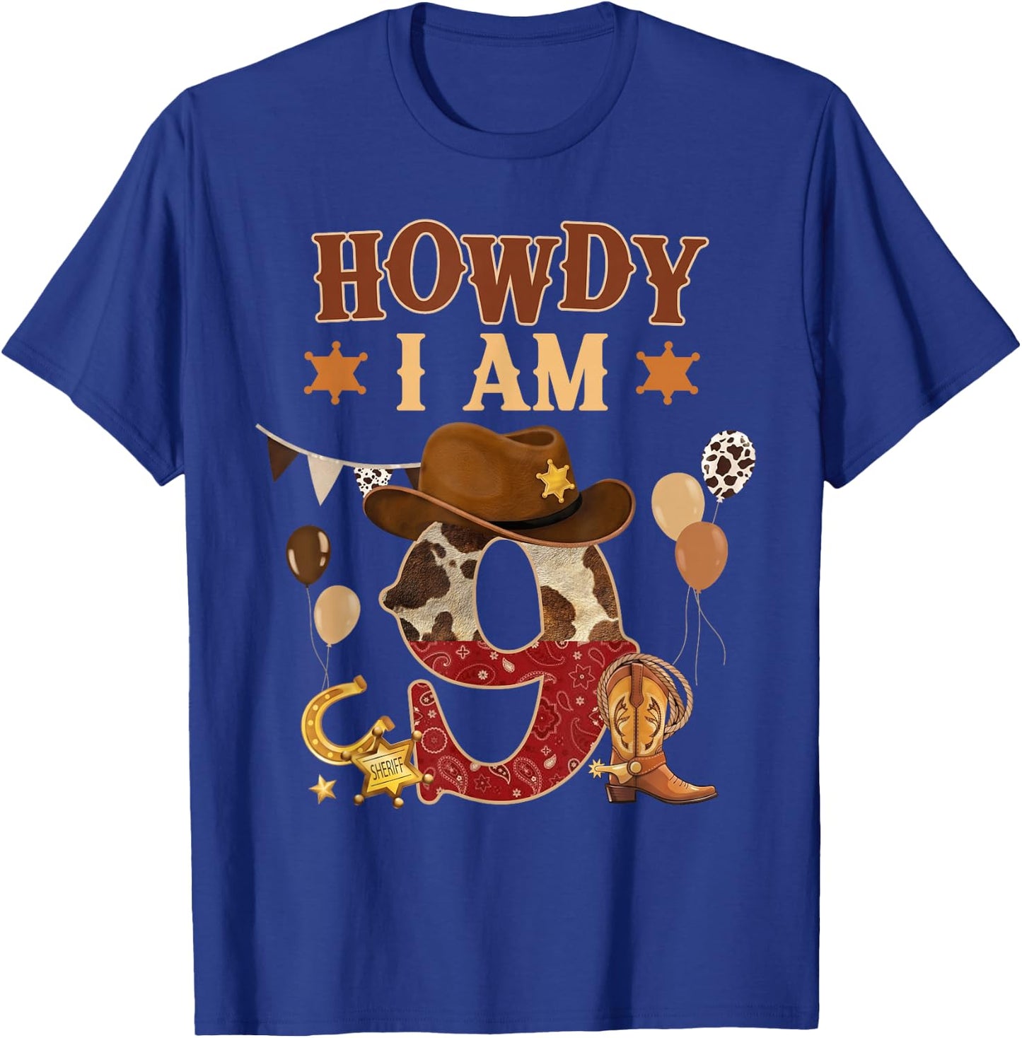Howdy I'm 9 Western Cowboy 9th Birthday Boy Kids 9 Year Old T-Shirt - T-Shirt | Royal