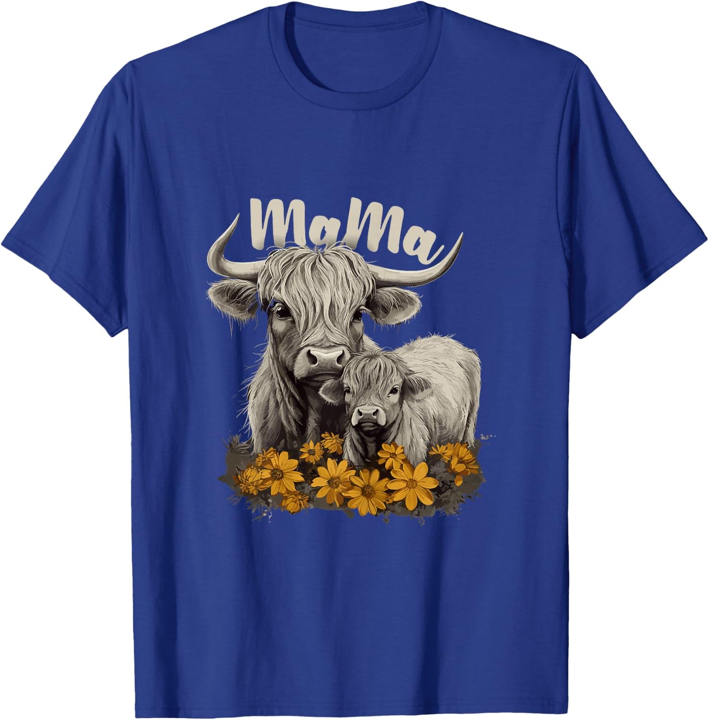 Cute Mama Highland Cow with Baby Calf Flower, Cool Animal T-Shirt - T-Shirt | Royal
