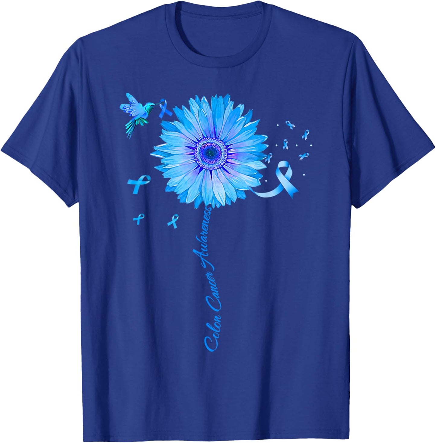Colon Cancer Awareness Colorectal Blue Ribbon Sunflower T-Shirt - T-Shirt | Royal