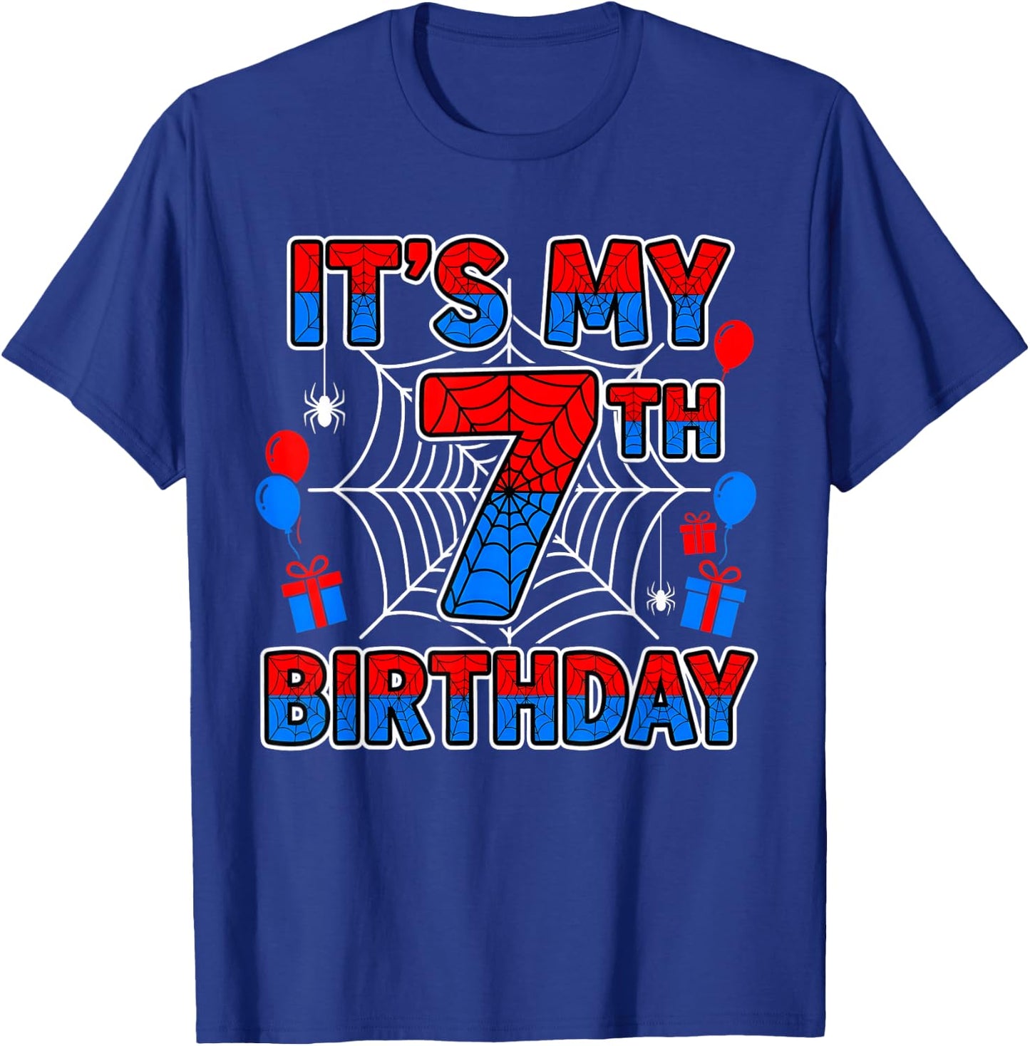 Its My 7th Birthday Boy 7 Year Old Spider Web Birthday Party T-Shirt - T-Shirt | Royal