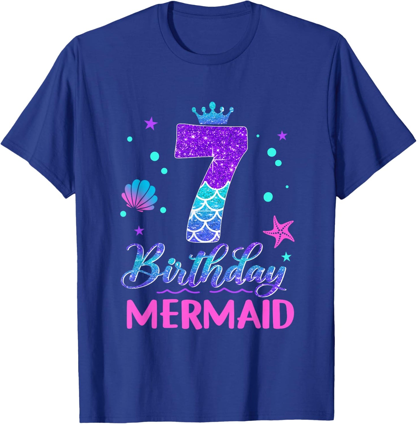 7th Birthday Mermaid Tail 7 Year Old Girl Mermaid Party T-Shirt - T-Shirt | Royal