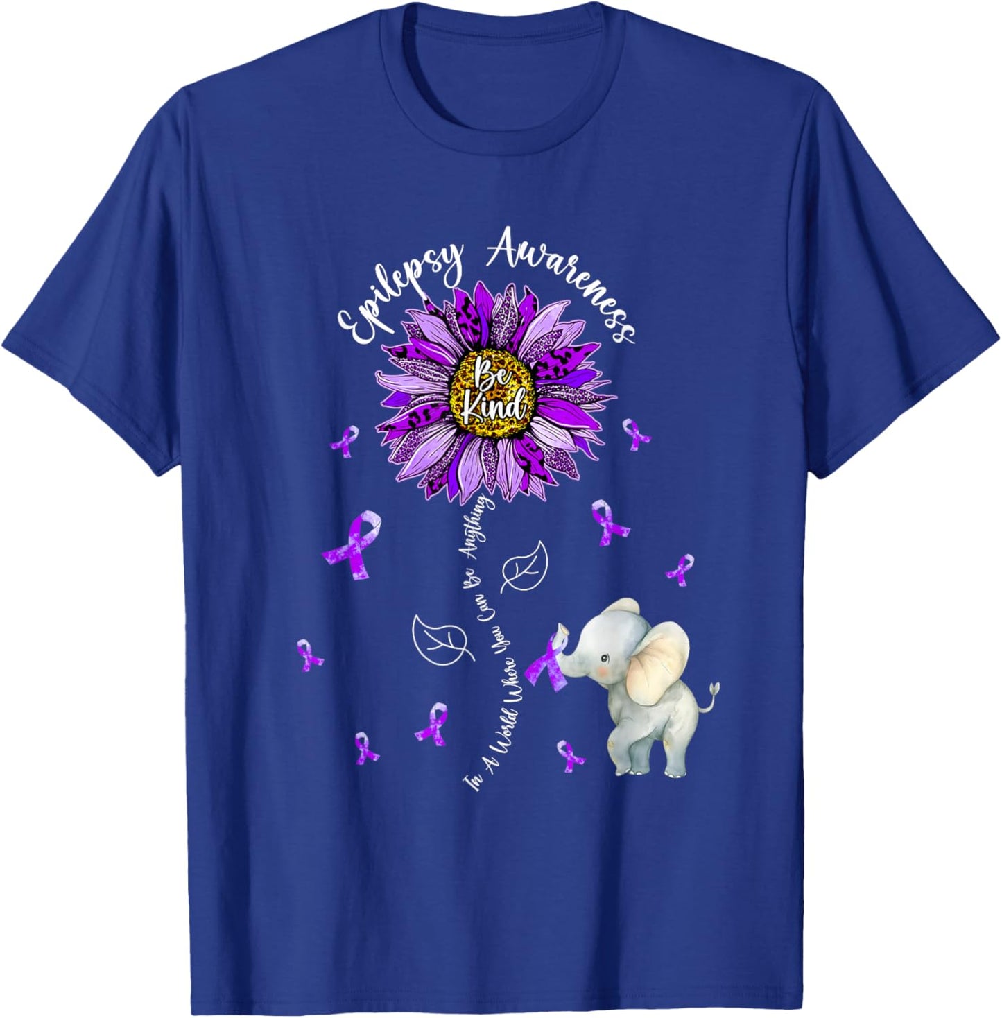 Be Kind Elephant Purple Sunflower Epilepsy Awareness T-Shirt - T-Shirt | Royal