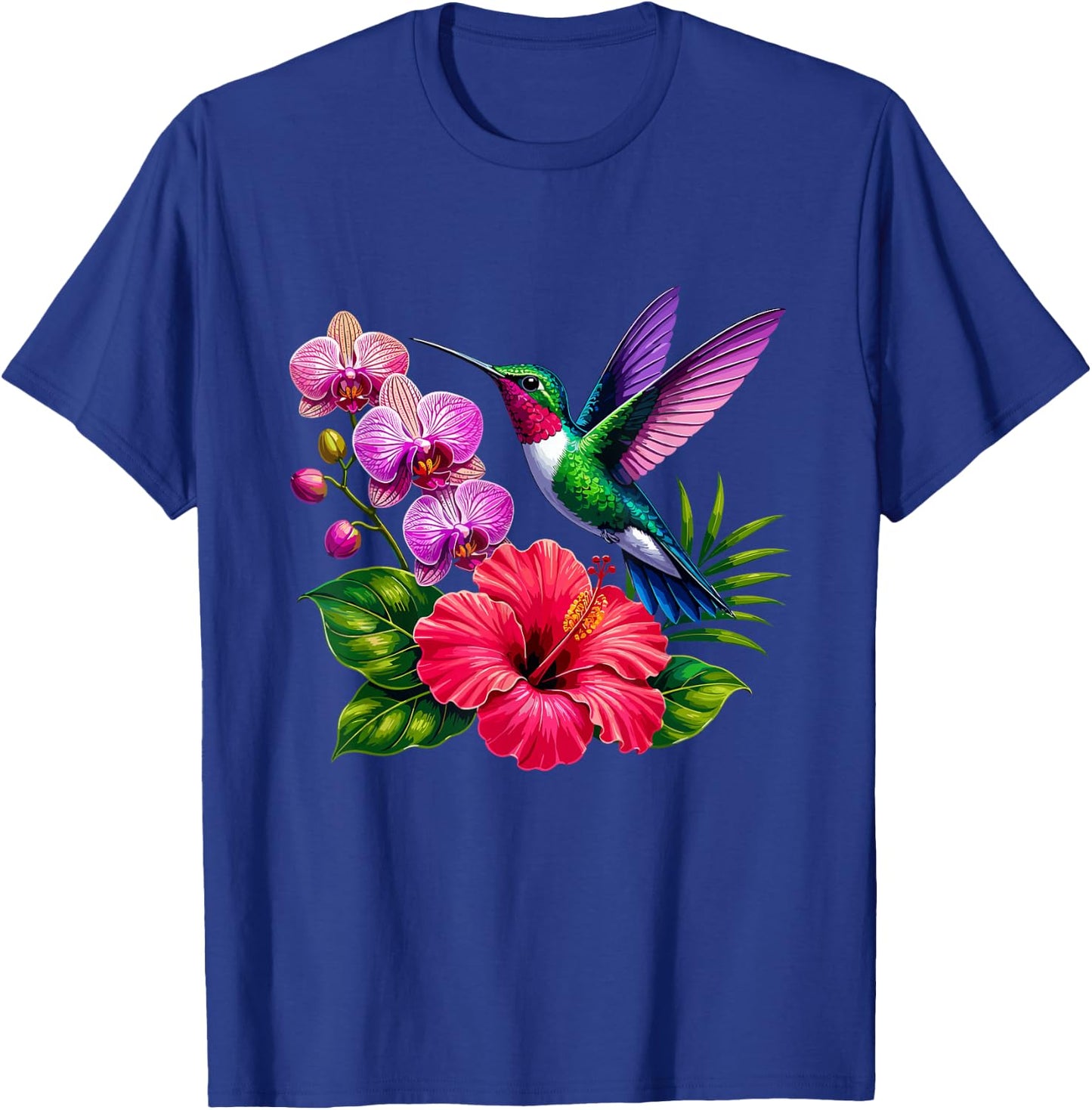 Hummingbird with Hibiscus and Orchid Flowers T-Shirt - T-Shirt | Royal