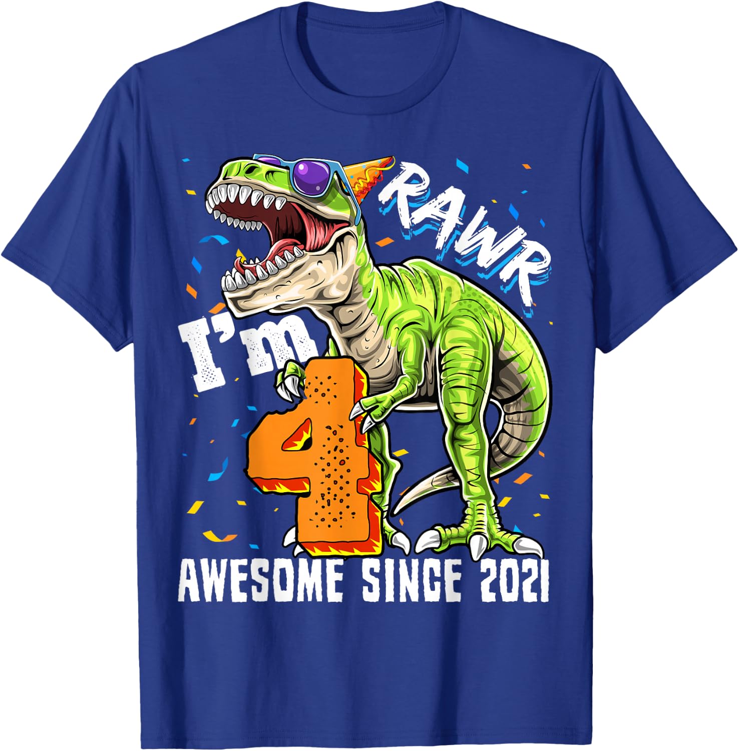4th Birthday T Rex Dinosaur Party Boys Rawr I'm 4 T-Shirt - T-Shirt | Royal