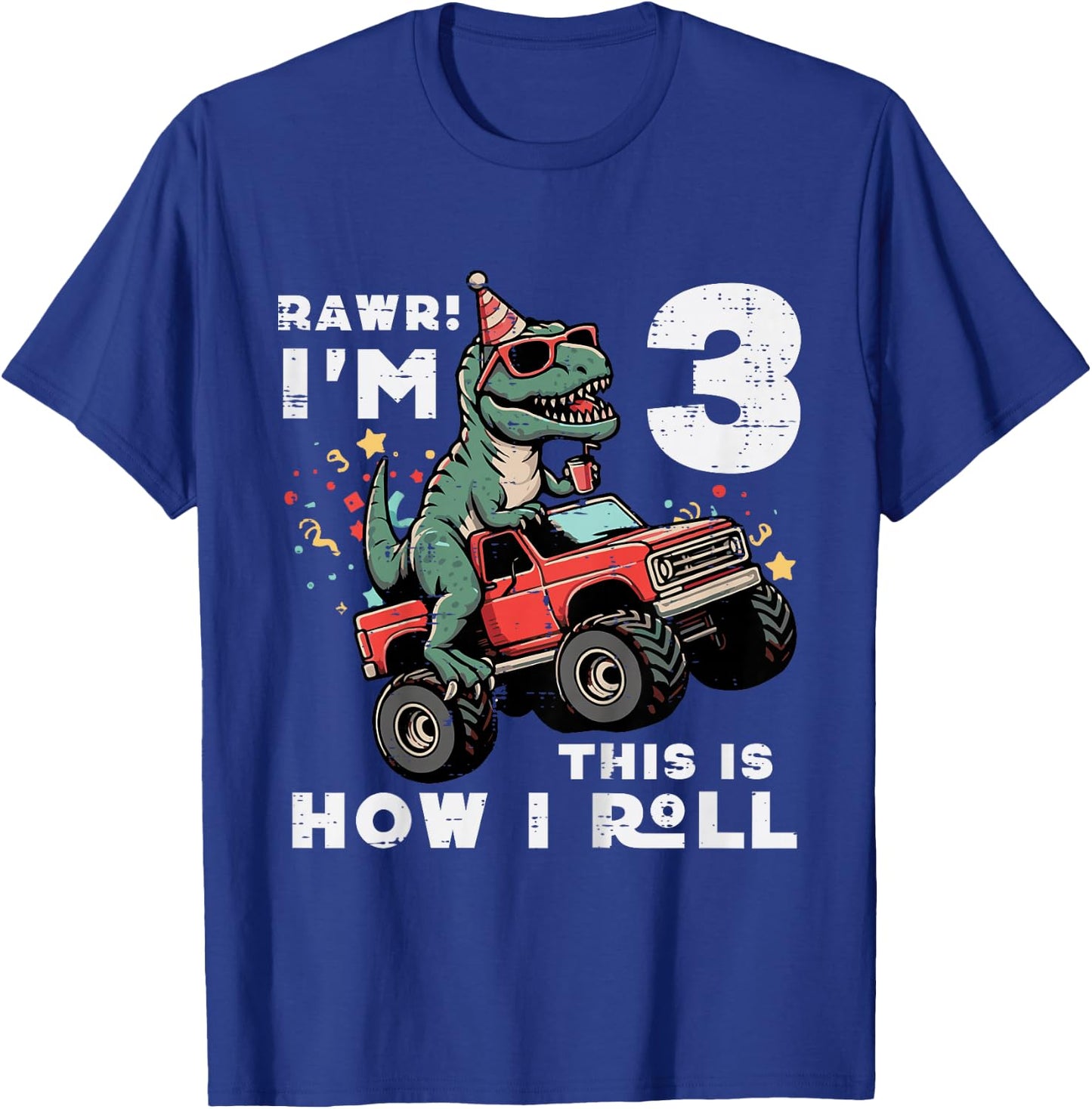 Kids Rawr Im 3 Dino This How I Roll 3rd Birthday Trex Bday Boys T-Shirt - T-Shirt | Royal