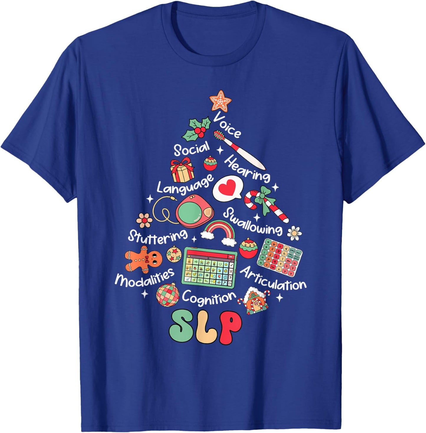 Speech Therapy Christmas Tree Merry Xmas SLP Therapist Funny T-Shirt - T-Shirt | Royal