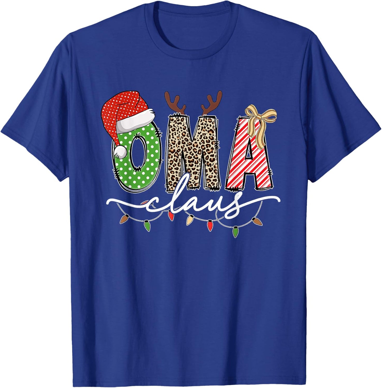 Oma Claus Christmas Lights And Reindeer Santa Hat Grandma T-Shirt - T-Shirt | Royal
