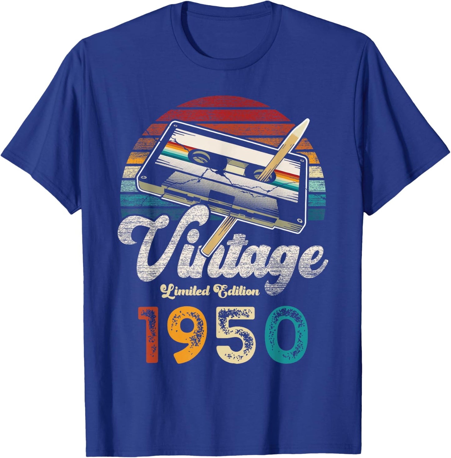 Vintage 1950 Birthday 75 Years Cassette Pencil T-Shirt - T-Shirt | Royal