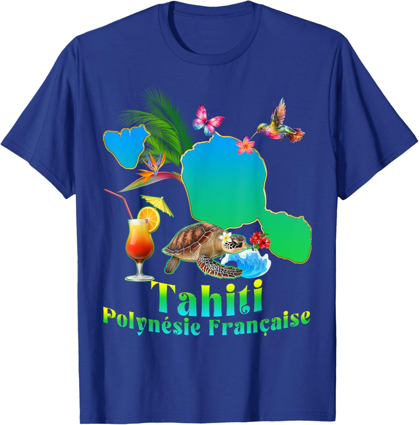 Tahiti French Polynesia Cocktail Pineapple Hummingbird Turtle , Black T-Shirt - T-Shirt | Royal