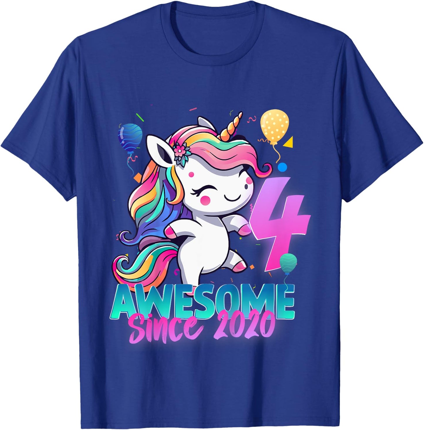 Kids 4th Birthday Girl Awesome Since 2020 4 Years Old Unicorn T-Shirt - T-Shirt | Royal