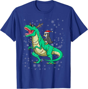 Christmas Penguin Riding Dinosaur T Rex Holiday Costume Fun T-Shirt - T-Shirt | Royal