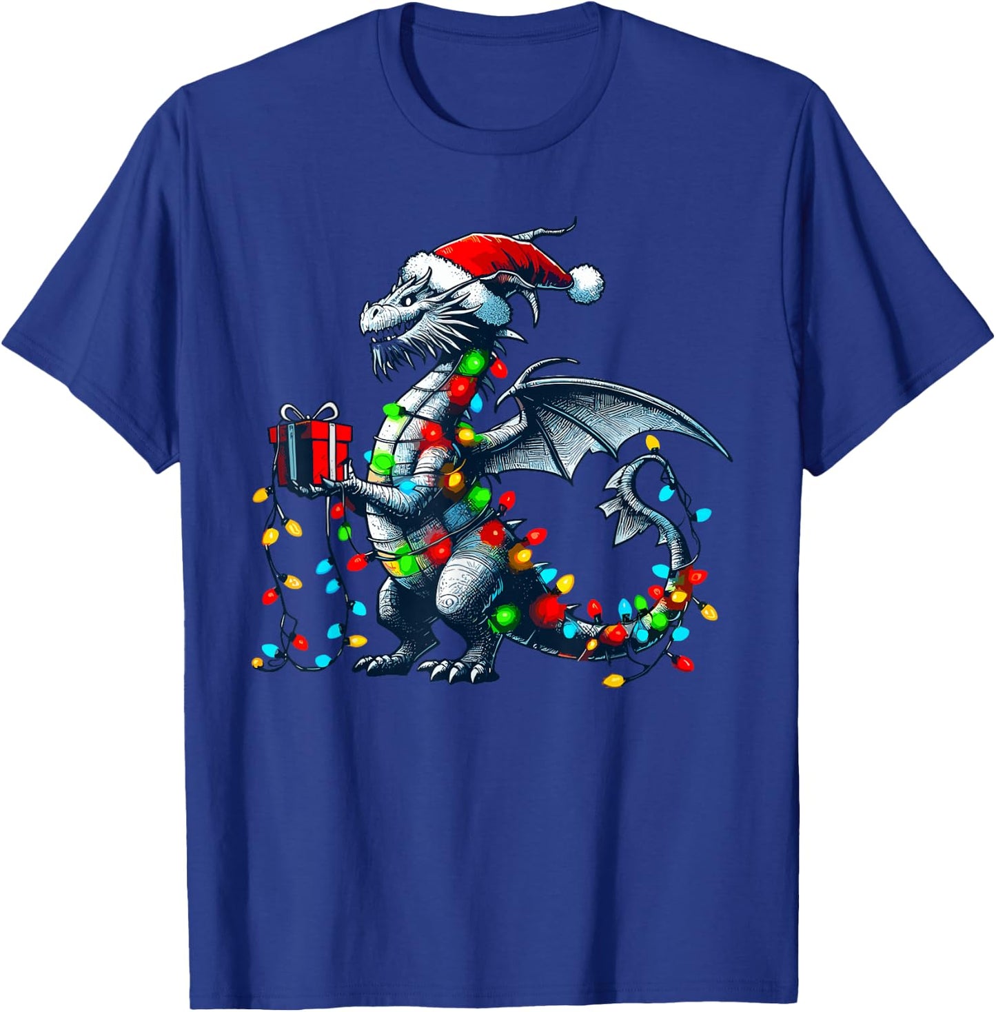 Dragon Wearing Santa Claus Hat Holding A Present Box Xmas T-Shirt - T-Shirt | Royal