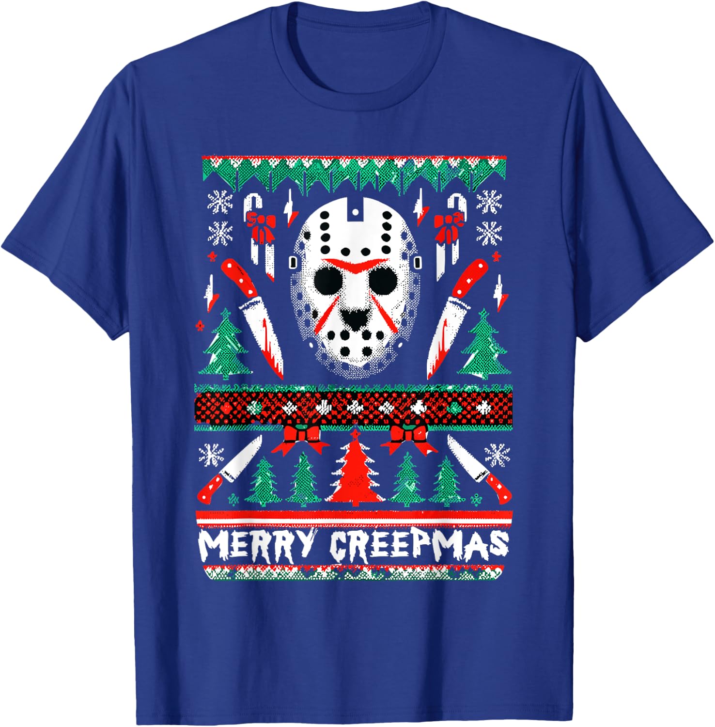 Merry Creepmas Festive Slasher Ugly Christmas T-Shirt - T-Shirt | Royal
