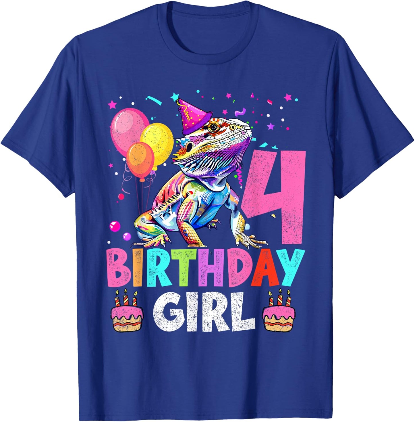 4th Birthday Girl Bearded Dragon 4 Years Old Bday Party T-Shirt - T-Shirt | Royal