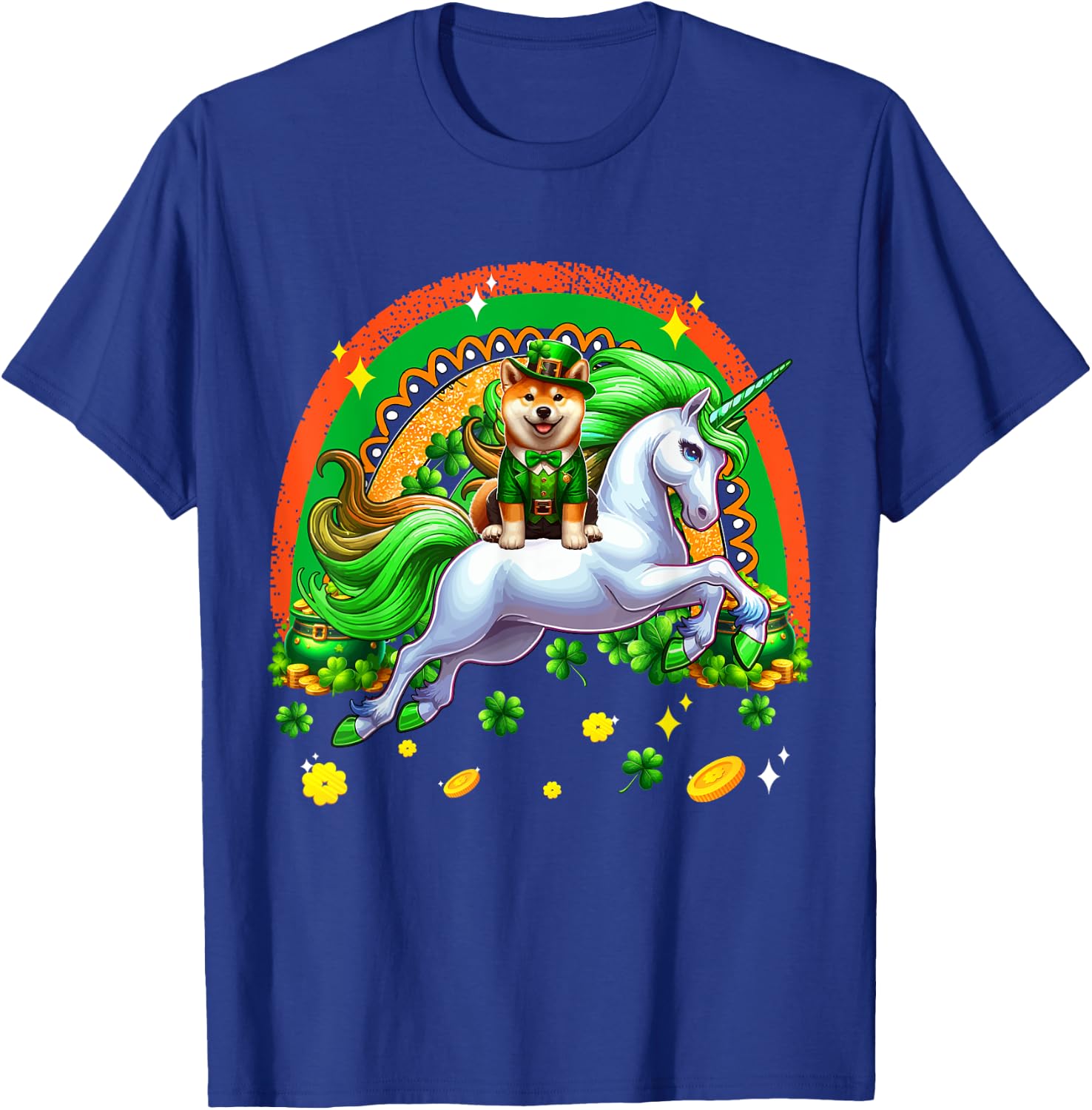 Patrick's Day Shiba Inu Riding Unicorn Shamrocks Rainbow T-Shirt - T-Shirt | Royal