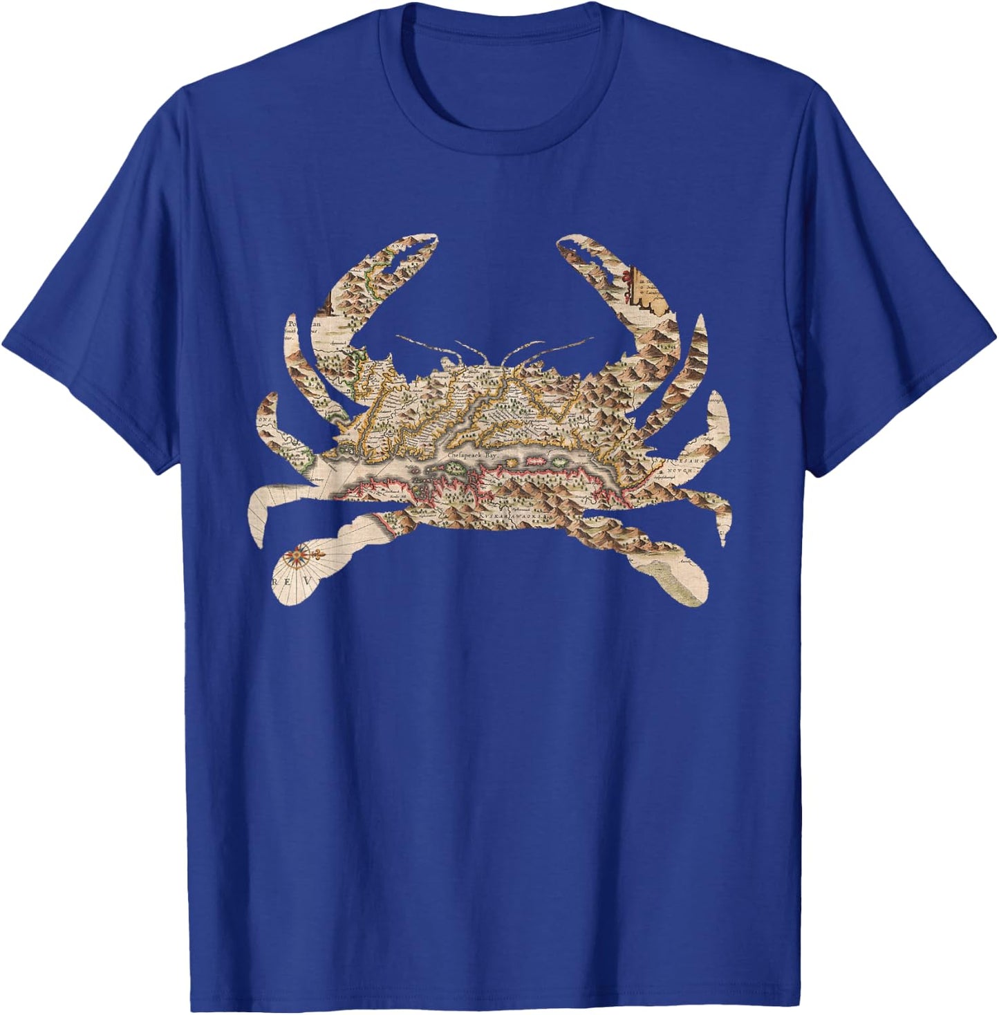 Chesapeake Bay Map (1630) Blue Crab Silhouette T-Shirt - T-Shirt | Royal