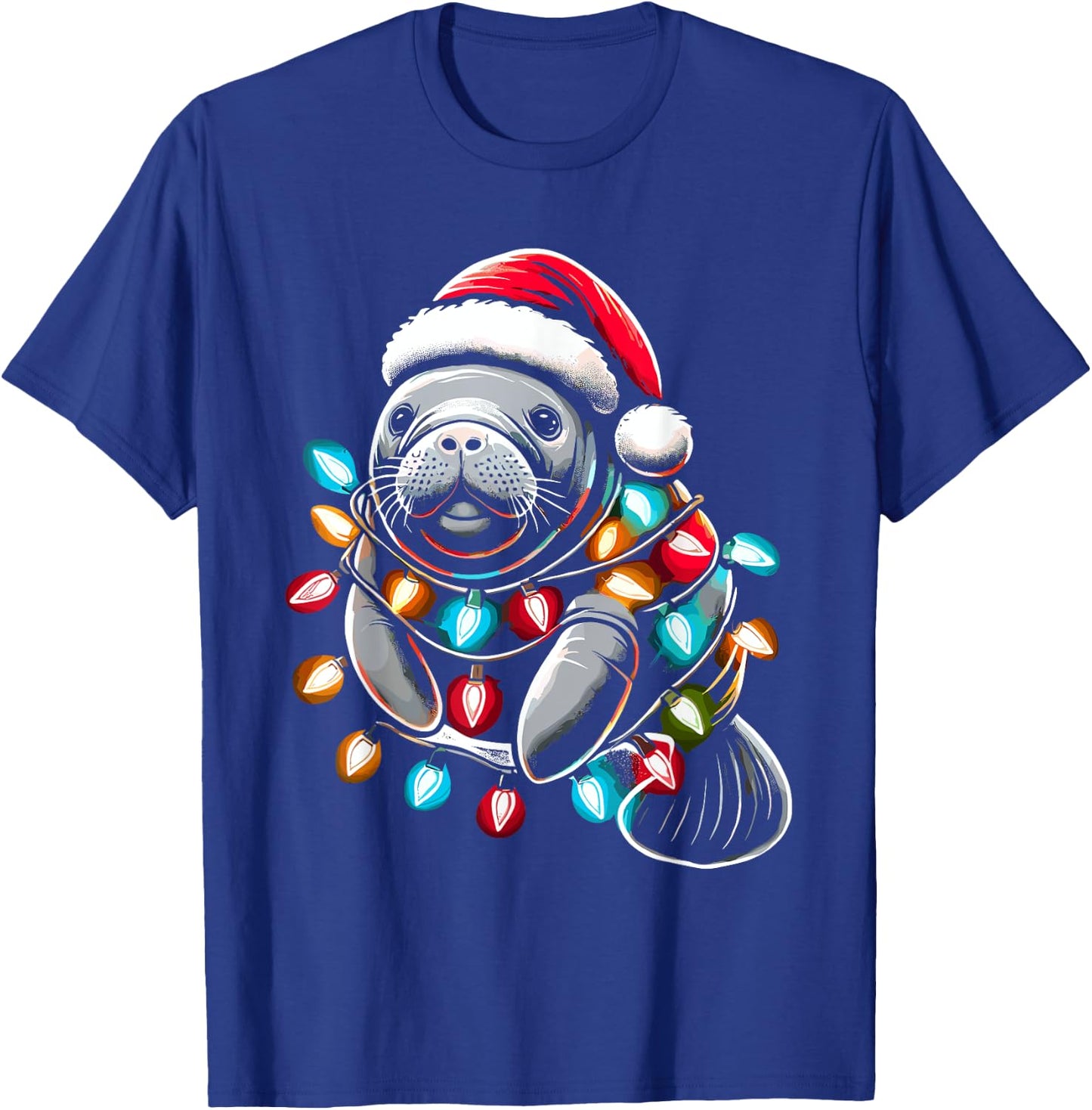 Manatee Santa Hat Christmas Lights Pajama Funny Xmas T-Shirt - T-Shirt | Royal