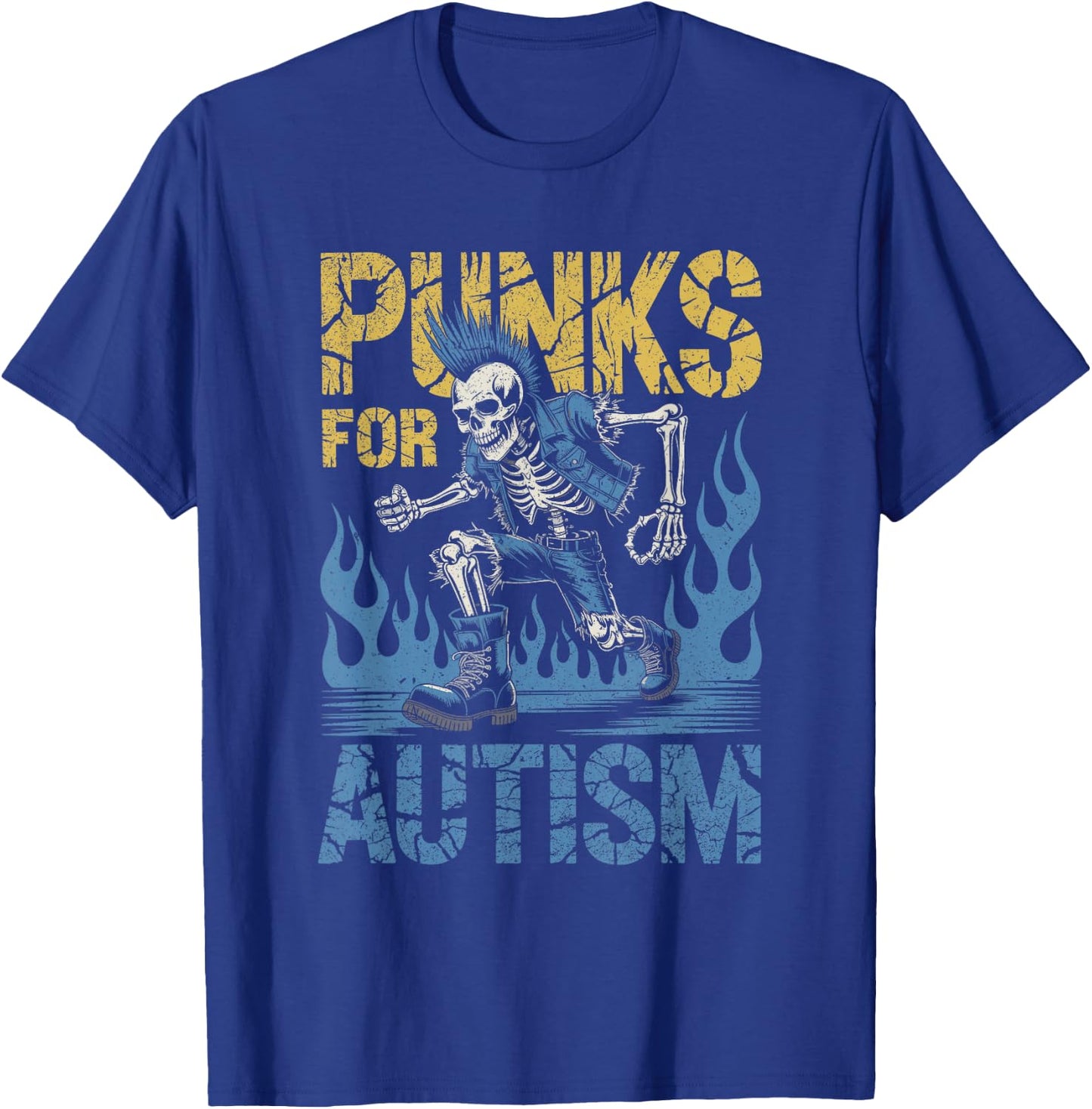 Punks for Autism Skeleton Mohawk Boots Sensibilisation aux Flammes T-Shirt - T-Shirt | Royal