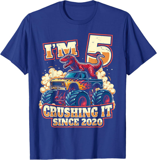 5 Year Old Boys 5th Birthday Dinosaur Monster Truck Party T-Shirt - T-Shirt | Royal